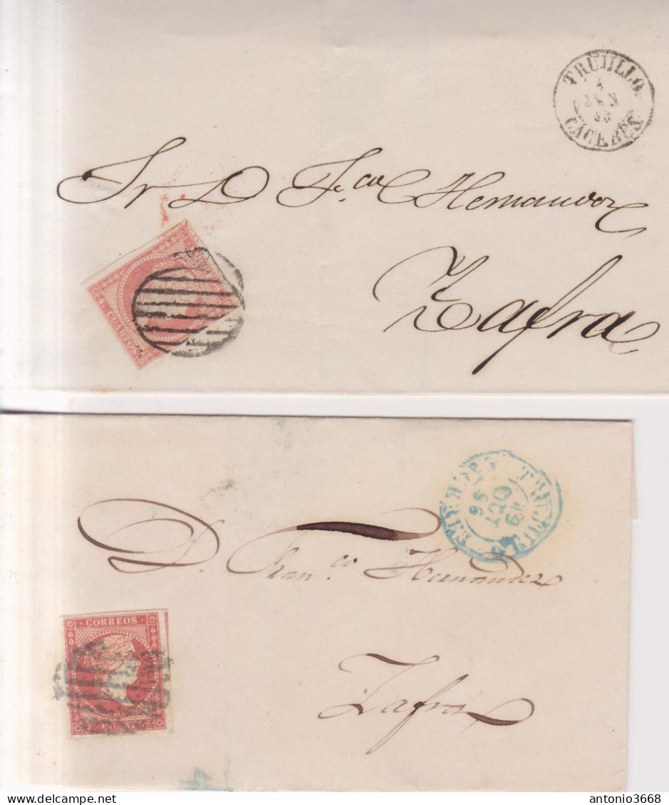 Año 1856 Edifil 48 4c Sello Isabel II 2 Envueltas  Matasellos Rejilla Y Azul  Y Negro Trujillo Caceres - Storia Postale