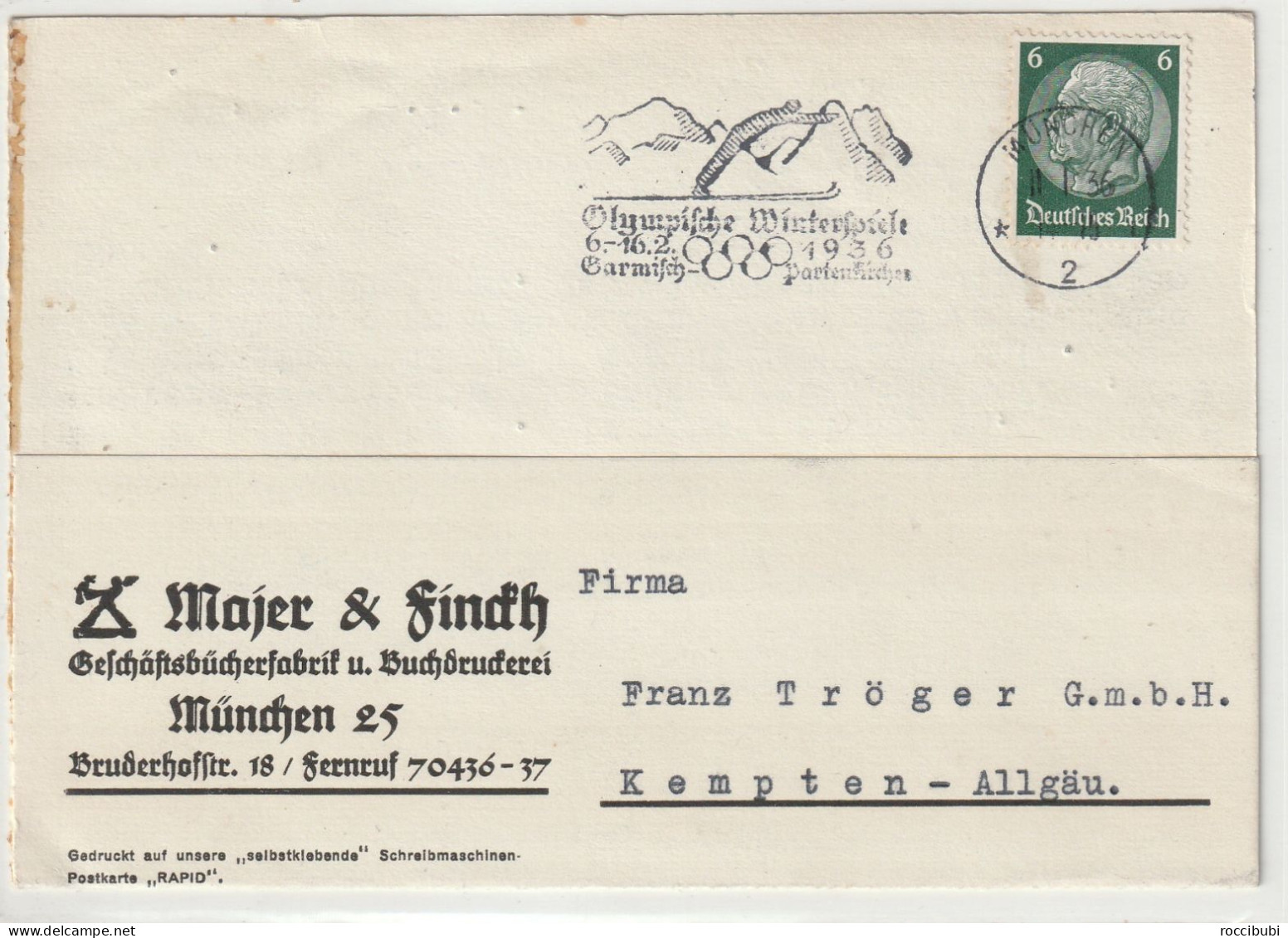 Deutsches Reich, München Nach Kempten 1936 - Private Postal Stationery