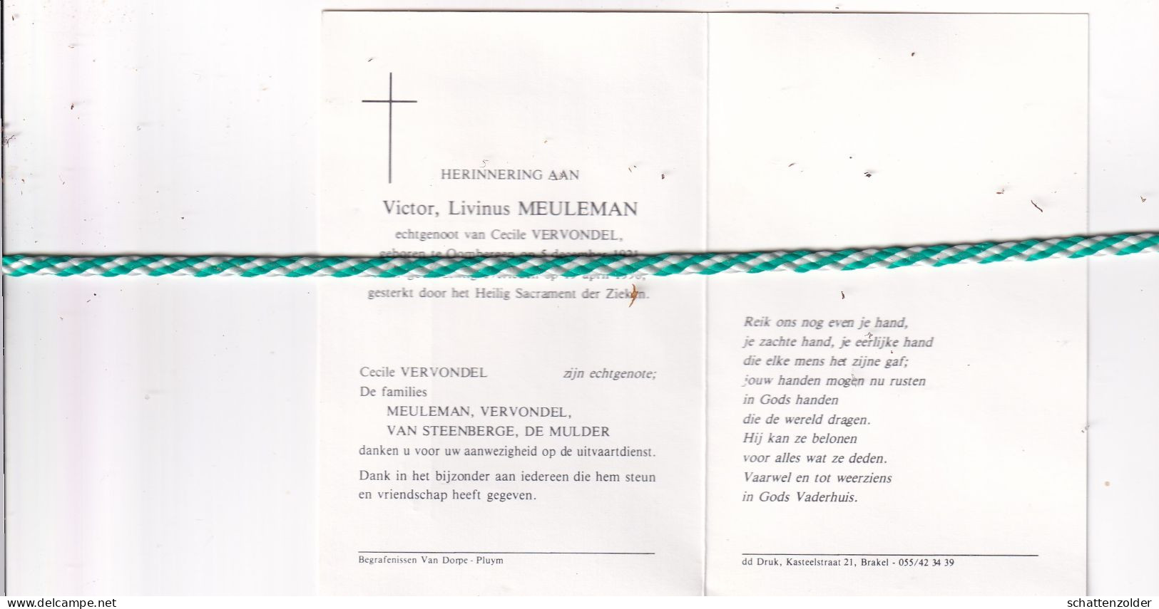 Victor Livinus Meuleman-Vervondel, Oombergen 1921, 1996 - Obituary Notices