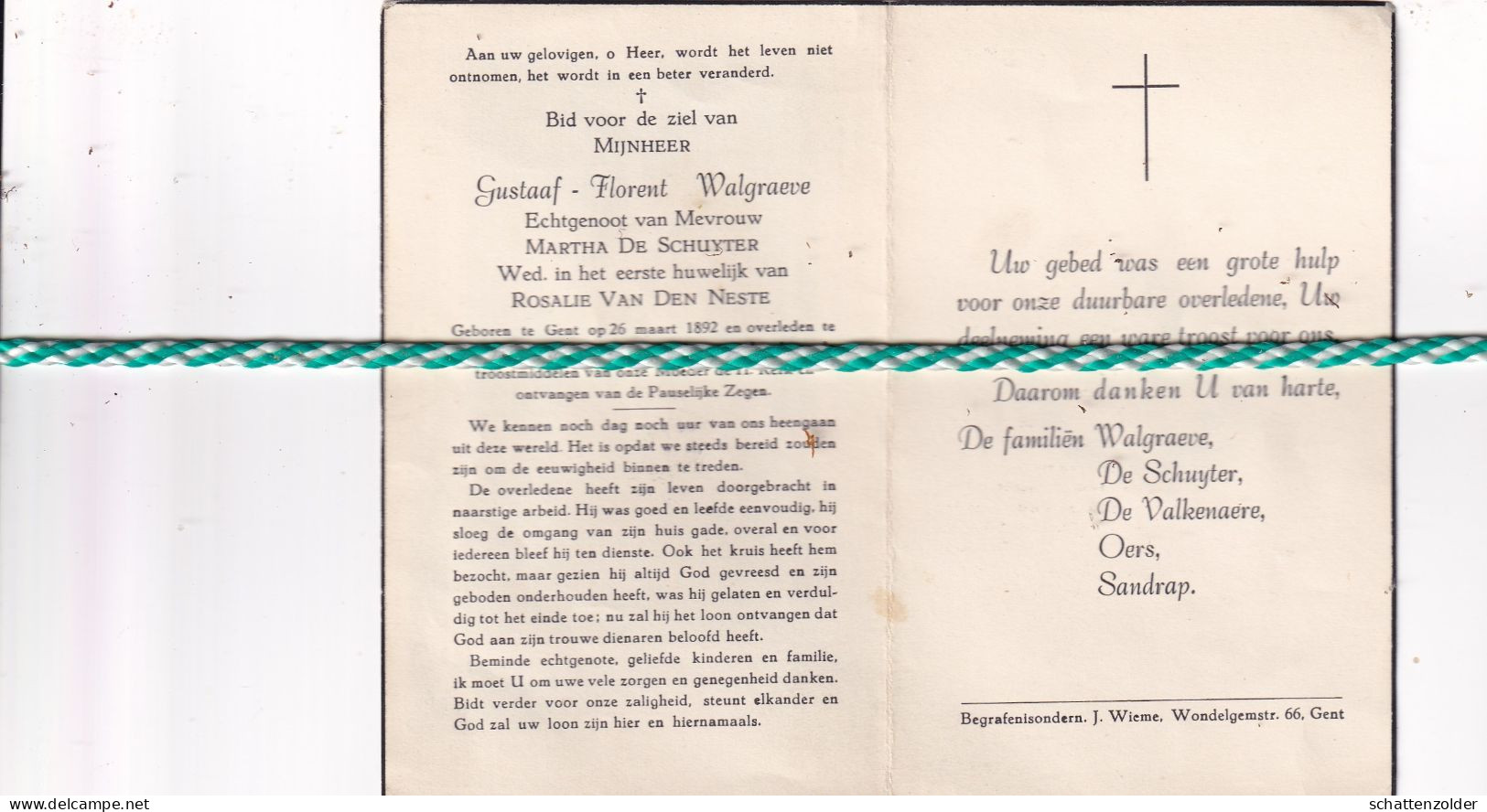 Gustaaf Florent Walgraeve-De Schuyter-Van Den Neste, Gent 1892, Gentbrugge 1957 - Décès