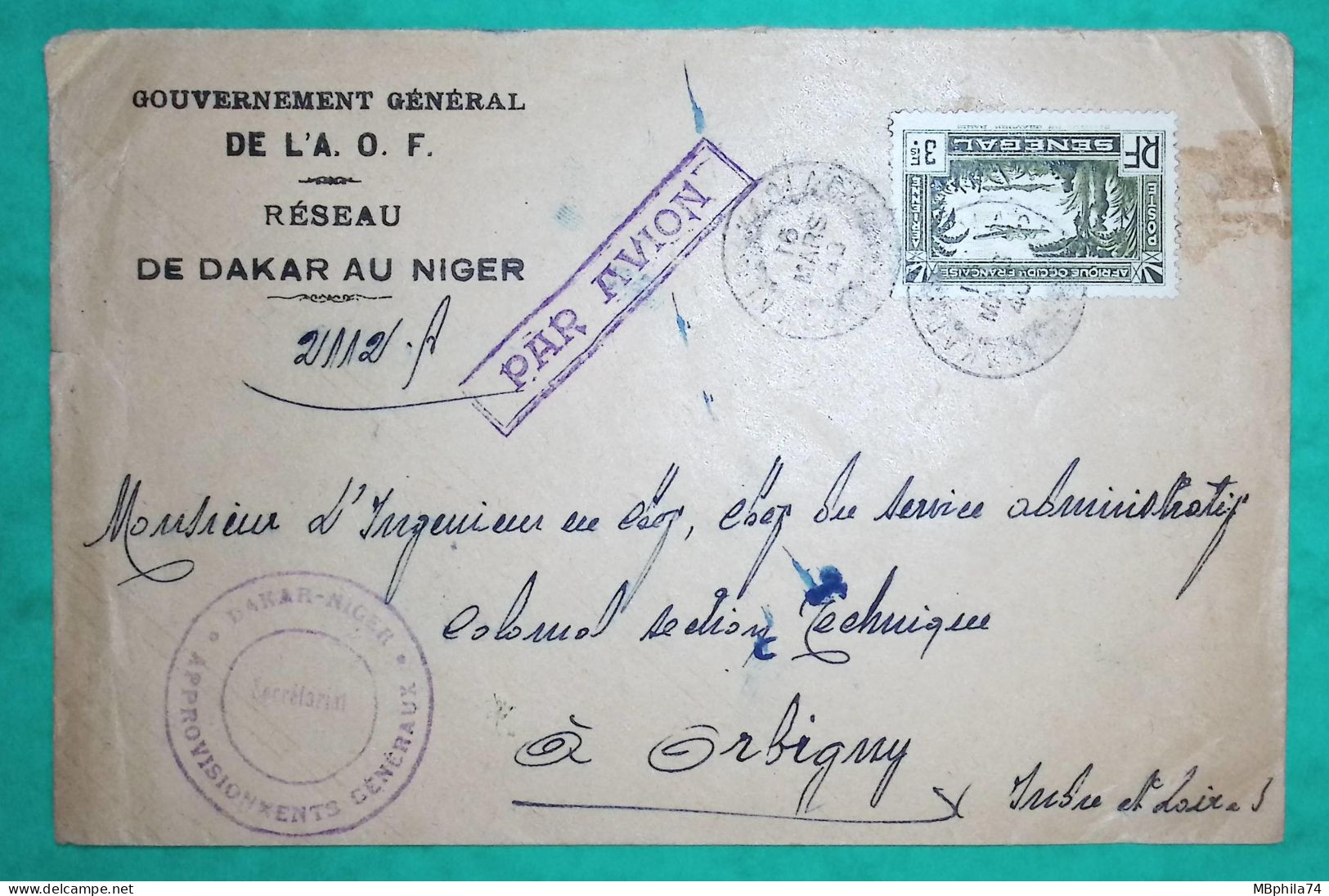 LETTRE PAR AVION GOUVERNEMENT GENERAL AOF DAKAR NIGER RESEAU APPROVISIONNEMENT GENERAUX POUR ORBIGNY FRANCE 1940 - Luftpost