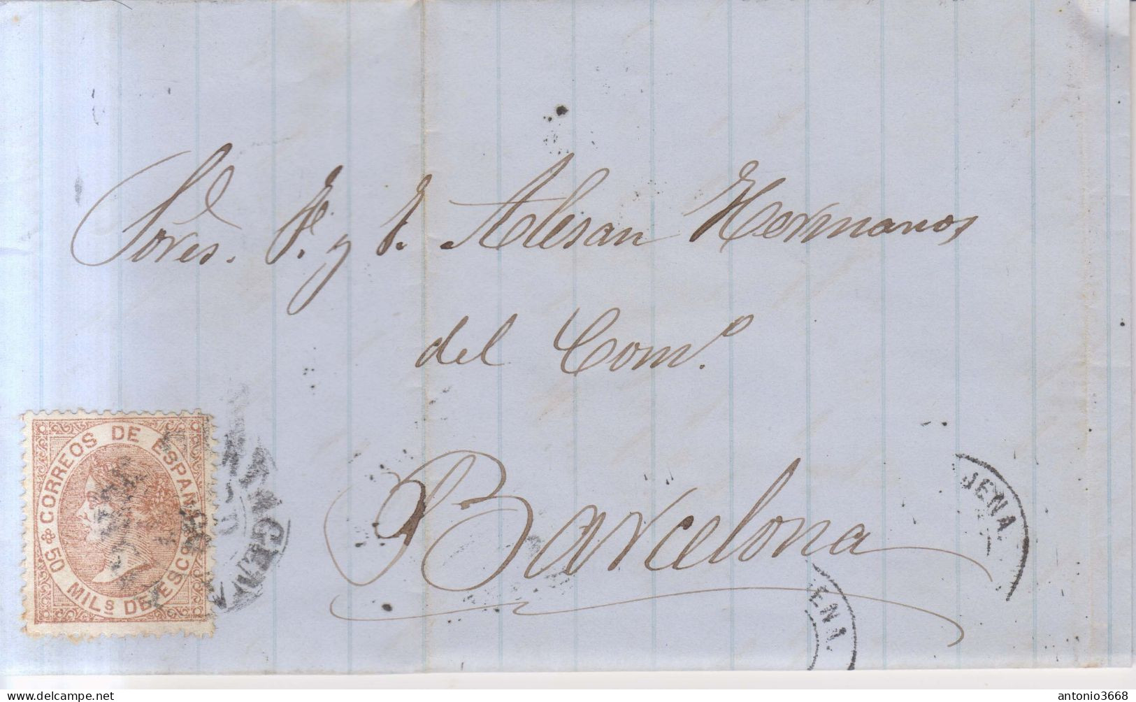 Año 1867 Edifil 96 50m Isabel II  Carta De Puerto Almazarron Matasellos Caartagena Tipo I - Lettres & Documents