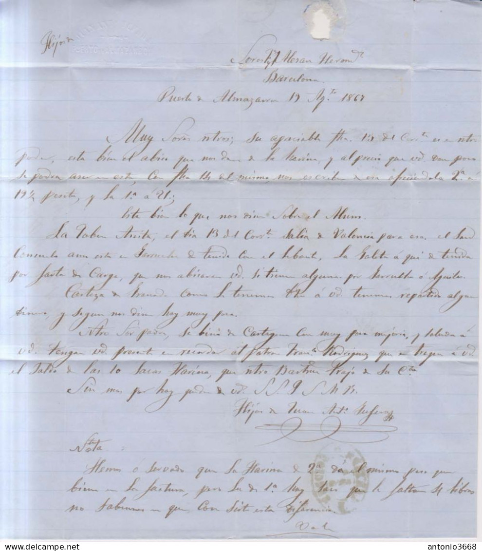 Año 1867 Edifil 96 50m Isabel II  Carta De Puerto Almazarron Matasellos Caartagena Tipo I - Lettres & Documents