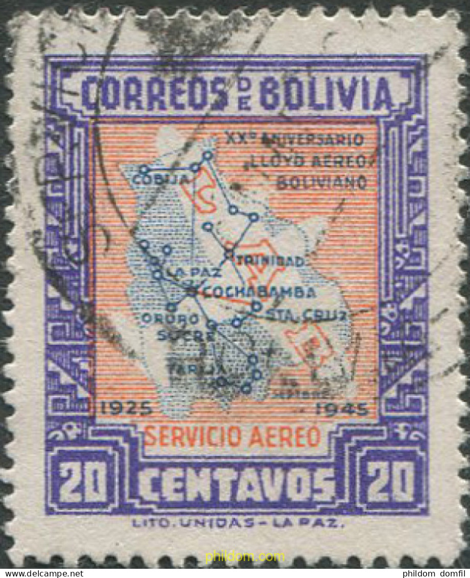 665670 USED BOLIVIA 1945 20 ANIVERSARIO DE LA FUNDACION LLOYS AEREO BOLIVIANA - Bolivia