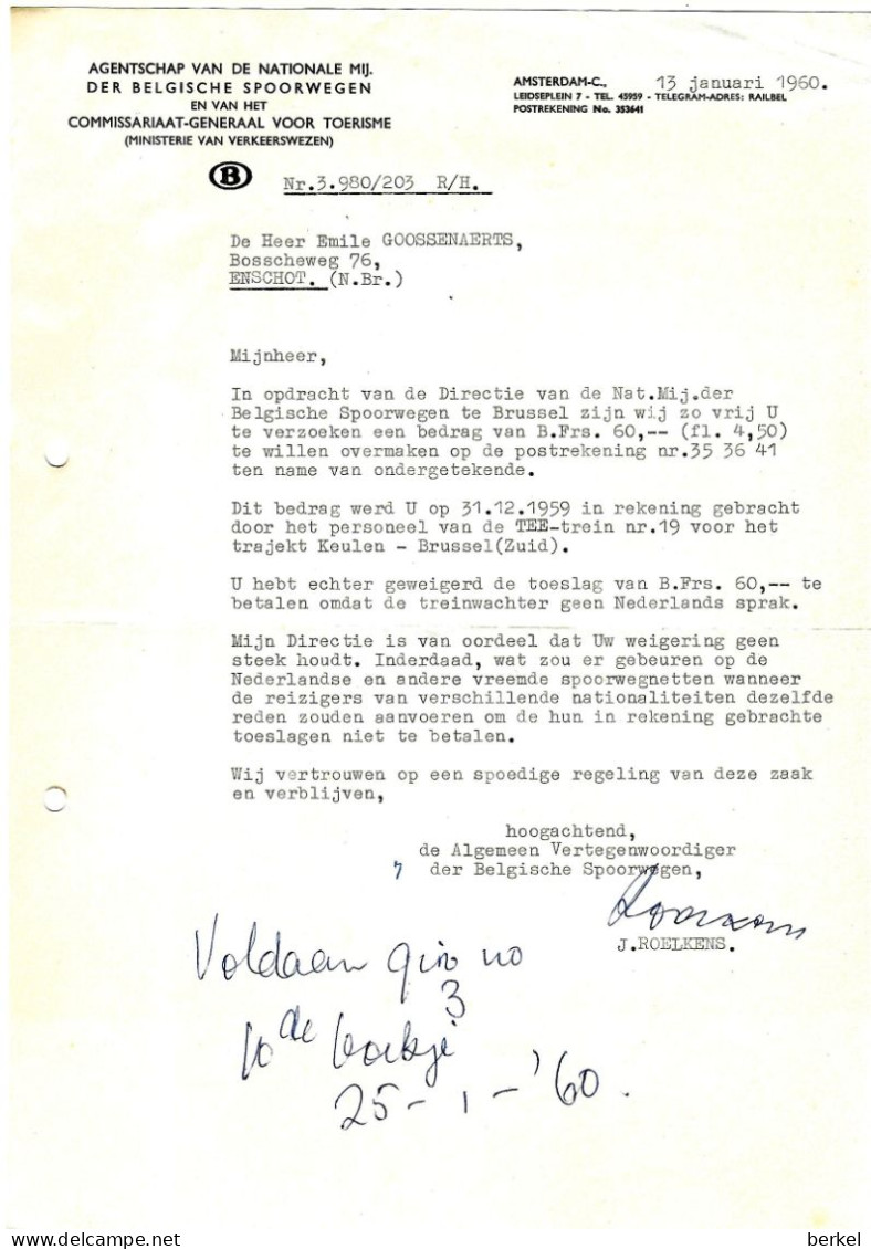 Brief BELGISCHE SPOORWEGEN  1960 WEIGERING TOESLAG IVM TAAL TREINWACHTER - Ohne Zuordnung