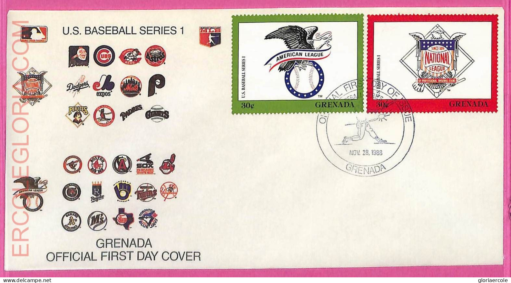Ag1598 - GRENADA - Postal History - FDC COVER + Stamps On Card - 1988 BASEBALL - Base-Ball