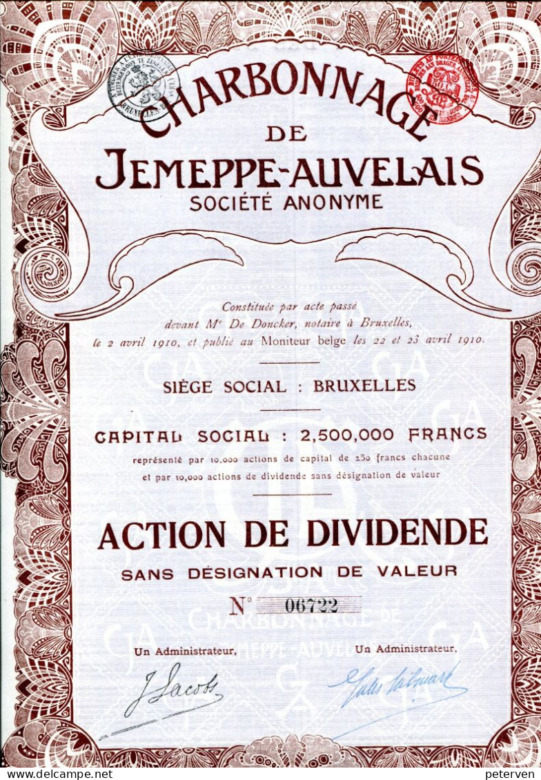 CHARBONNAGE De JEMEPPE-AUVELAIS; Action De Dividende - Bergbau