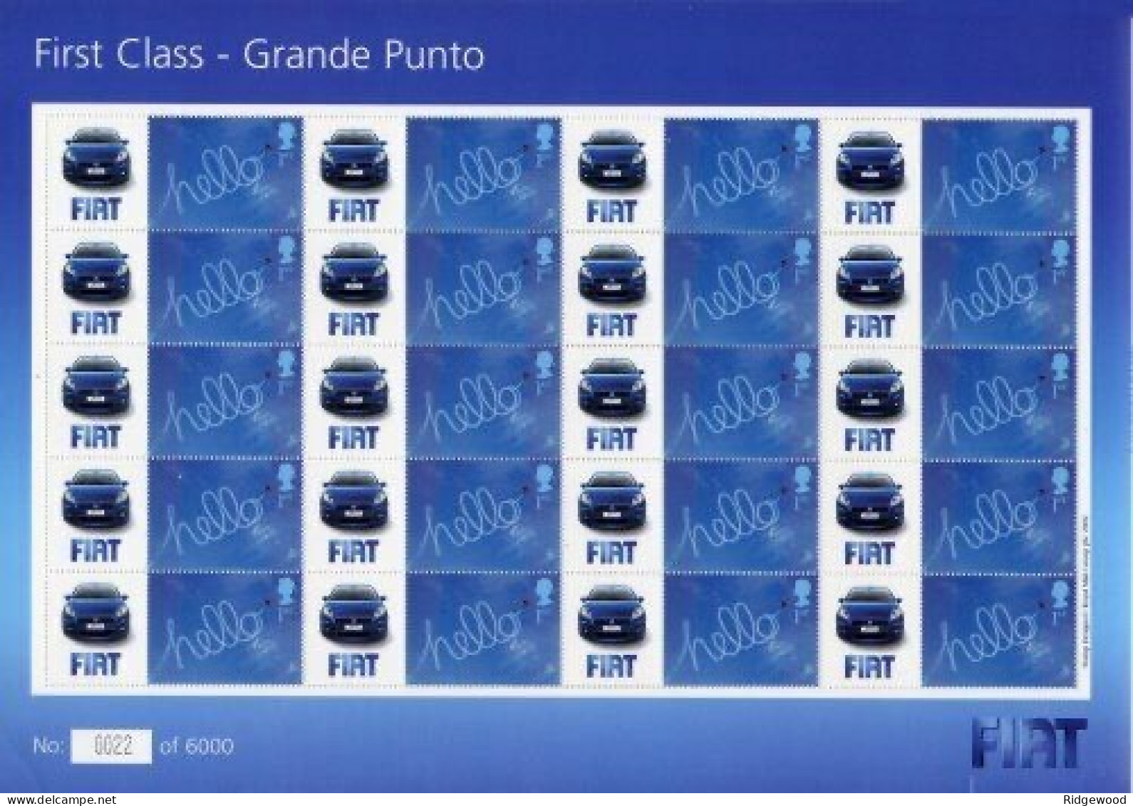 GB 2006 - Fiat Grande Punto - First Class Smilers Sheet - Ref: BC-096 MNH - Timbres Personnalisés