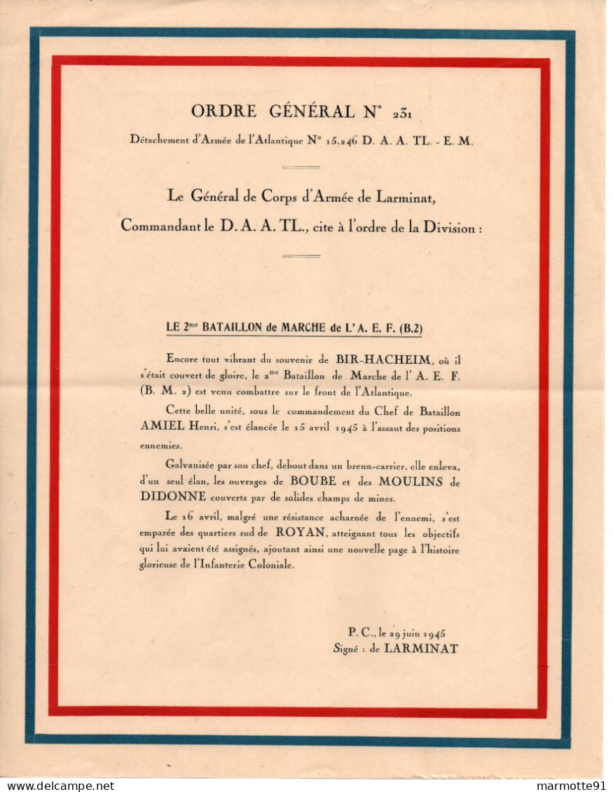 CITATIONS FRANCE LIBRE BATAILLON DE MARCHE N°2 BM2 FFL - 1939-45