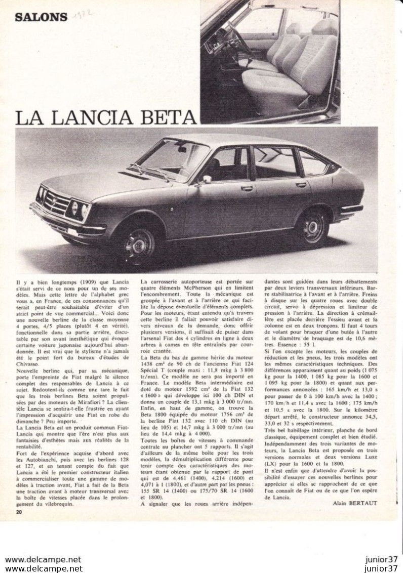 3 Feuillets De Magazine Lancia Beta 1972, HPE 1976, Coupé 1976 - Voitures