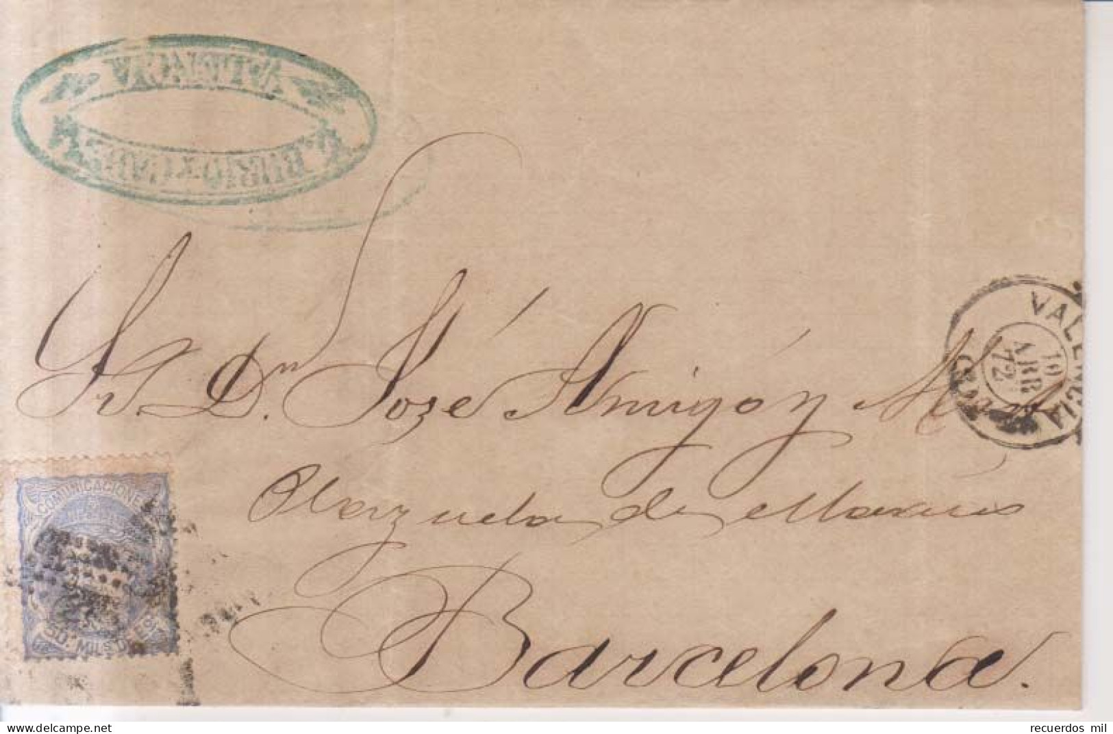 Año 1870 Edifil 107 Alegoria Carta  Matasellos Rombo Valencia Membrete Rubio Y Cadena - Covers & Documents