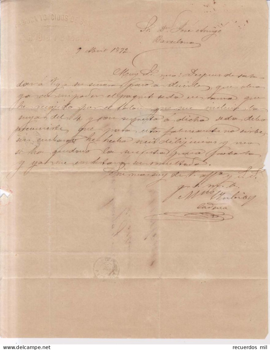 Año 1870 Edifil 107 Alegoria Carta  Matasellos Rombo Valencia Membrete Rubio Y Cadena - Brieven En Documenten