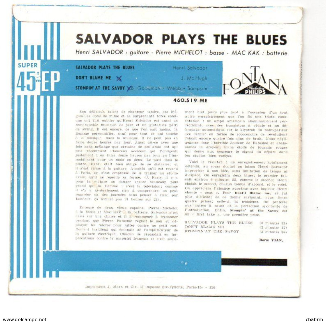 EP 45 TOURS HENRI SALVADOR PLAYS THE BLUES 1956 FRANCE Fontana 460.519 ME - Other - French Music