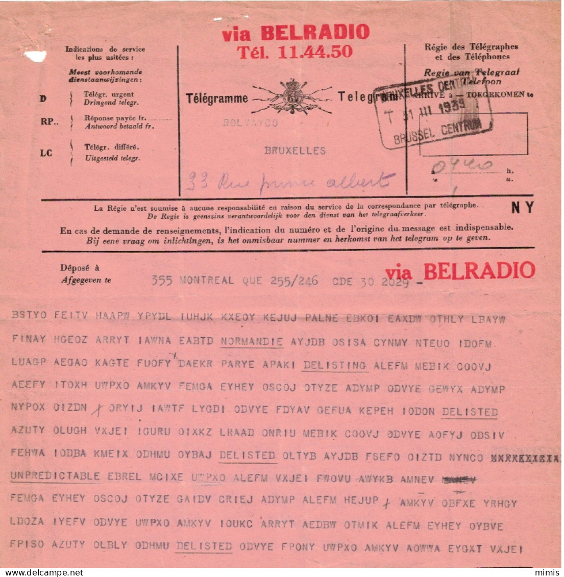BELGIQUE      Télégramme De1939    Dont Le Texte Semble Codé   A Voir - Telegrams