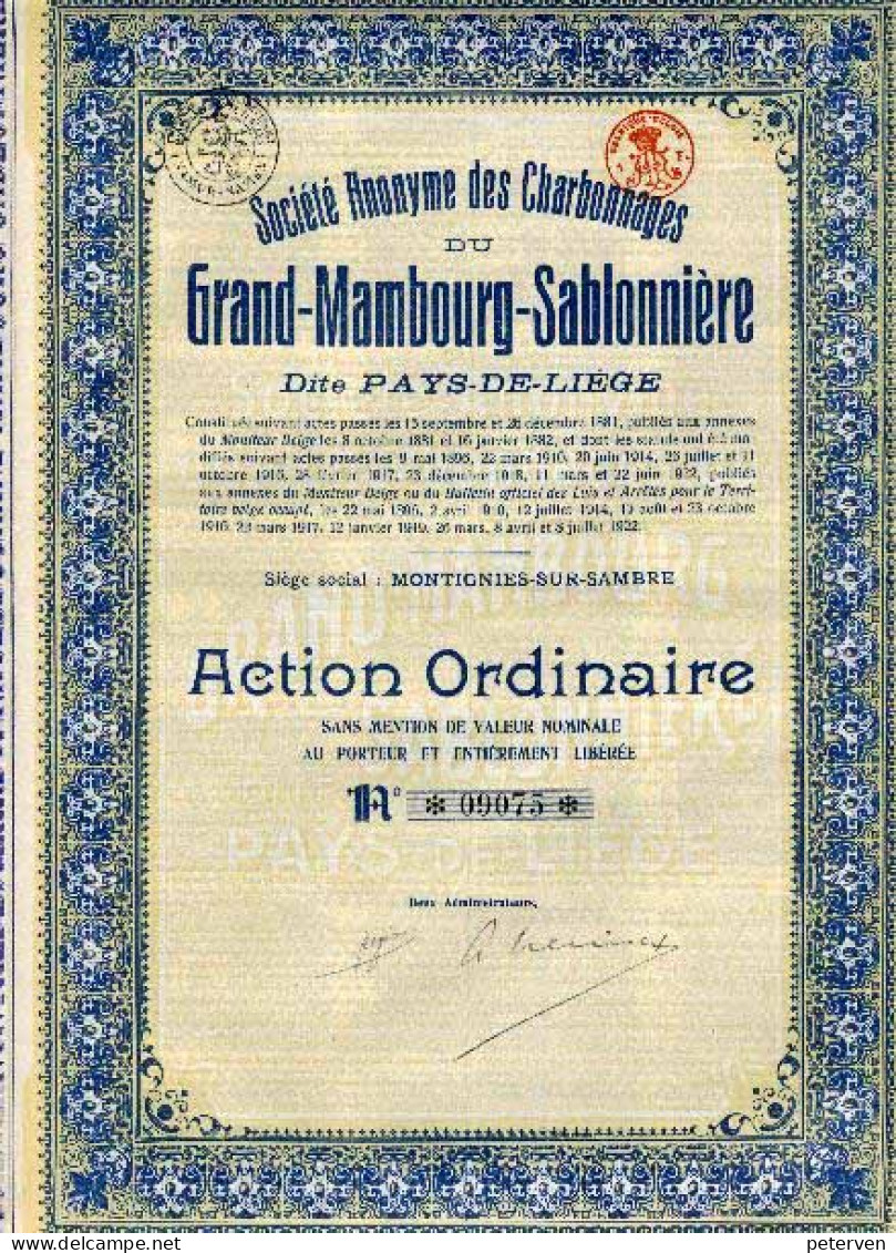 CHARBONNAGES Du GRAND-MAMBOURG-SABLONNIÈRE; Action Ordinaire - Bergbau