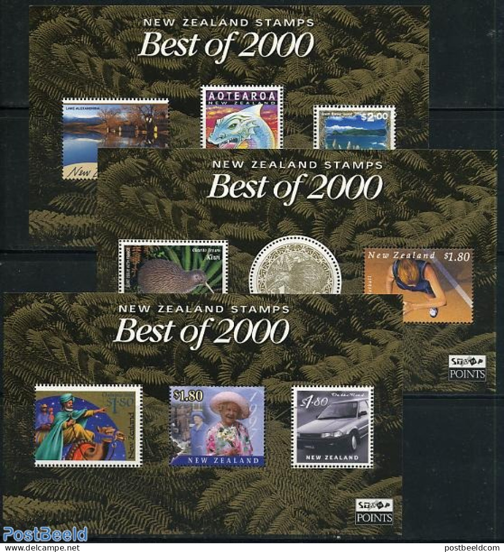 New Zealand 2001 Best Of 2000, 3 S/s, Mint NH, History - Nature - Sport - Transport - Kings & Queens (Royalty) - Birds.. - Ungebraucht