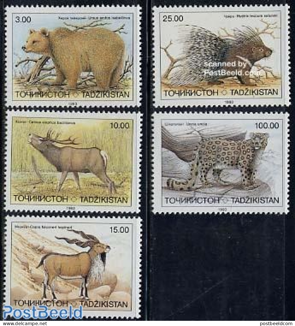 Tajikistan 1993 Endangered Animals 5v, Mint NH, Nature - Animals (others & Mixed) - Bears - Cat Family - Deer - Tadjikistan