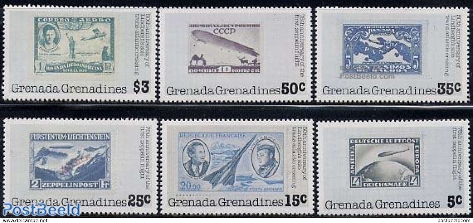 Grenada Grenadines 1978 Zeppelin/Lindberg 6v, Mint NH, Nature - Transport - Cats - Stamps On Stamps - Aircraft & Aviat.. - Stamps On Stamps