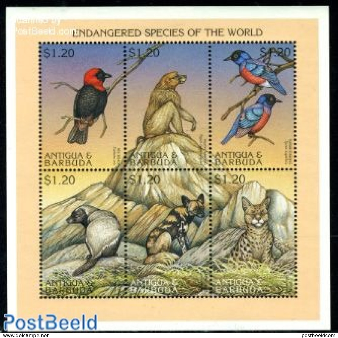 Antigua & Barbuda 1997 Endangered Animals 6v M/s, Mint NH, Nature - Animals (others & Mixed) - Birds - Cat Family - Mo.. - Antigua And Barbuda (1981-...)