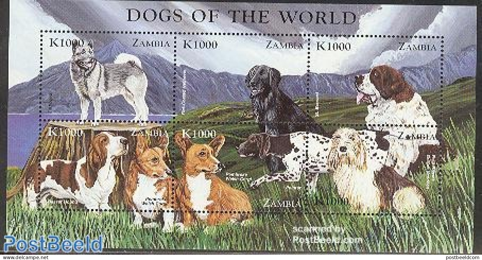 Zambia 1999 Dogs 6v M/s, Elkhound, Mint NH, Nature - Dogs - Zambia (1965-...)