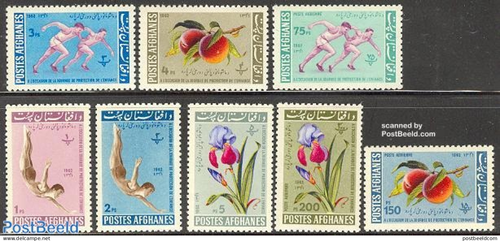 Afghanistan 1962 Children Day 8v, Mint NH, Nature - Sport - Flowers & Plants - Fruit - Sport (other And Mixed) - Frutas