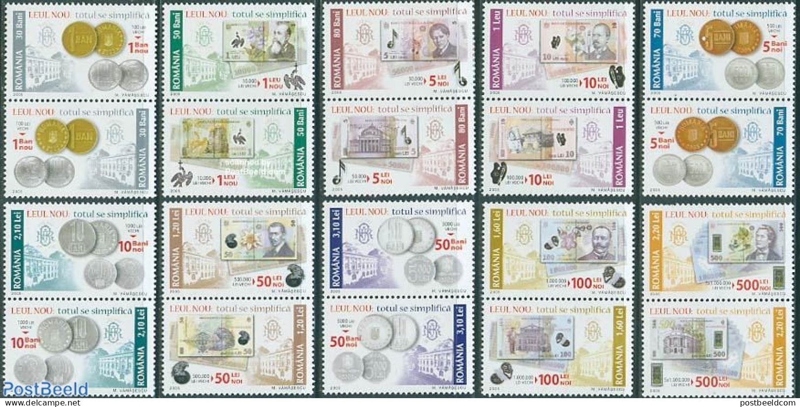 Romania 2005 New Coins & Banknotes 10x2v [:], Mint NH, Various - Money On Stamps - Ungebraucht
