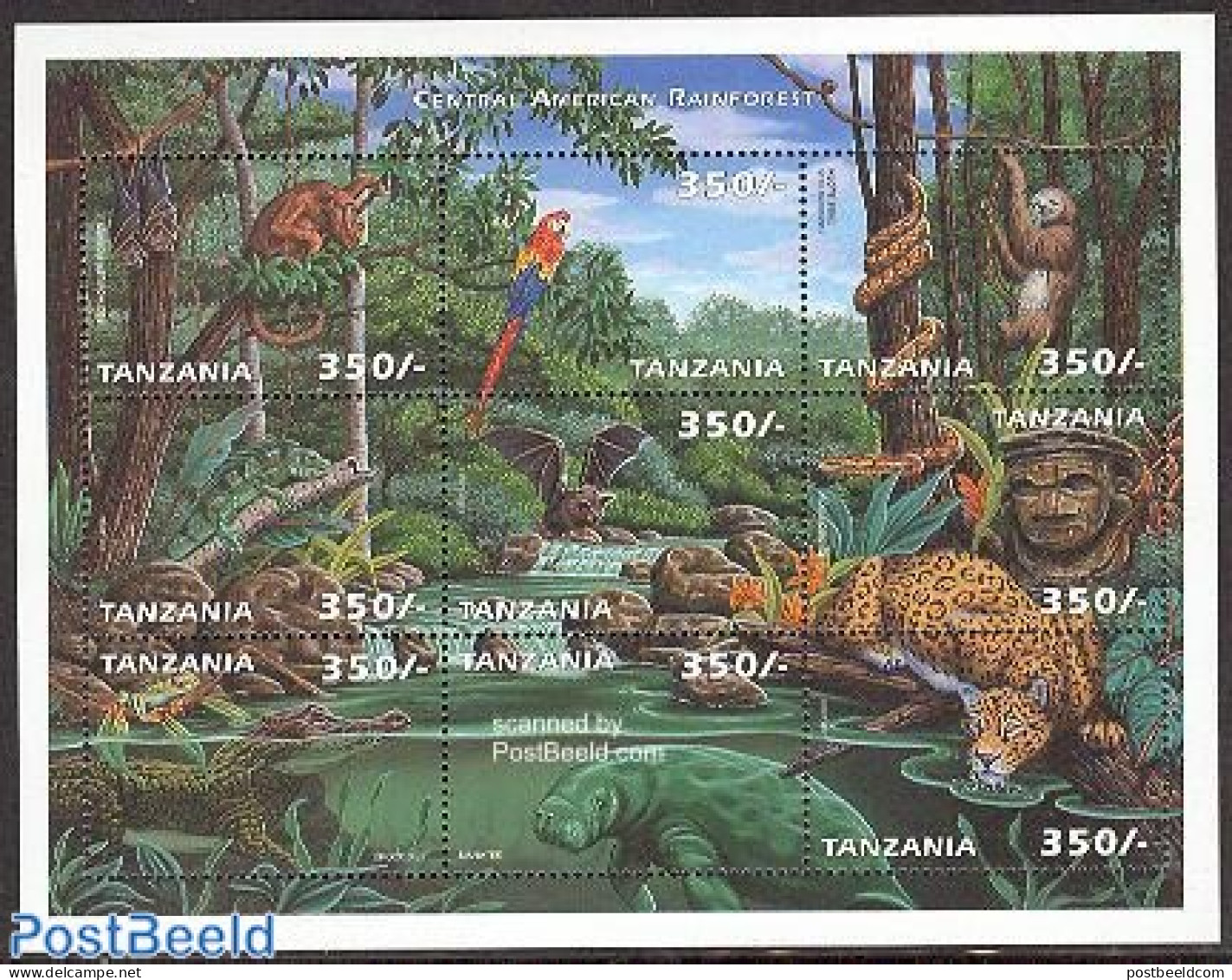 Tanzania 1999 Central American Rainforest 9v M/s, Mint NH, Nature - Animals (others & Mixed) - Bats - Cat Family - Cro.. - Tanzania (1964-...)