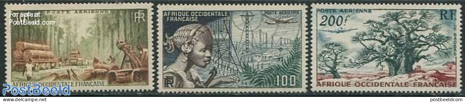 French West Africa 1954 Definitives 3v, Mint NH, Nature - Science - Transport - Trees & Forests - Telecommunication - .. - Rotary Club
