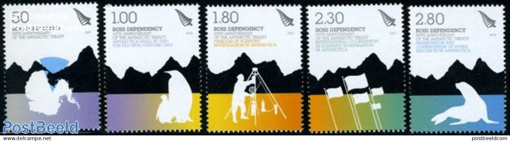 Ross Dependency 2009 50 Years Antarctic Treaty 5v, Mint NH, Nature - Science - Various - Birds - Penguins - Sea Mammal.. - Geography