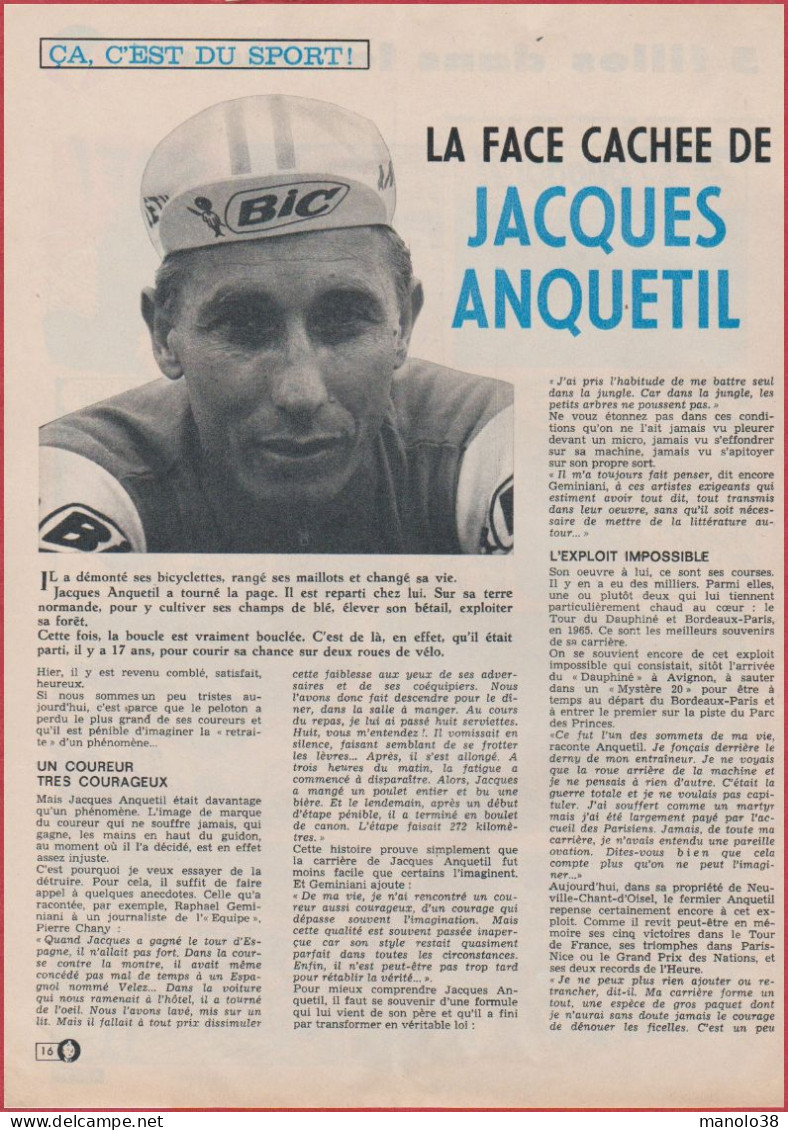 La Face Cachée De Jacques Anquetil. Cyclisme. Sport. Reportage. 1969. - Historical Documents