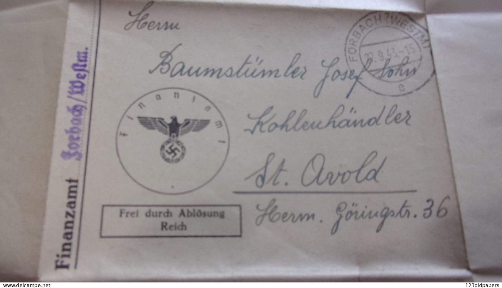 WWII CACHET Forbach Westm VERS ST AVOLD MOSELLE  TVA III EME REICH  1943 AIGLE TAMPON UMSATZSTEUER VORANMELDUNG - 1939-45