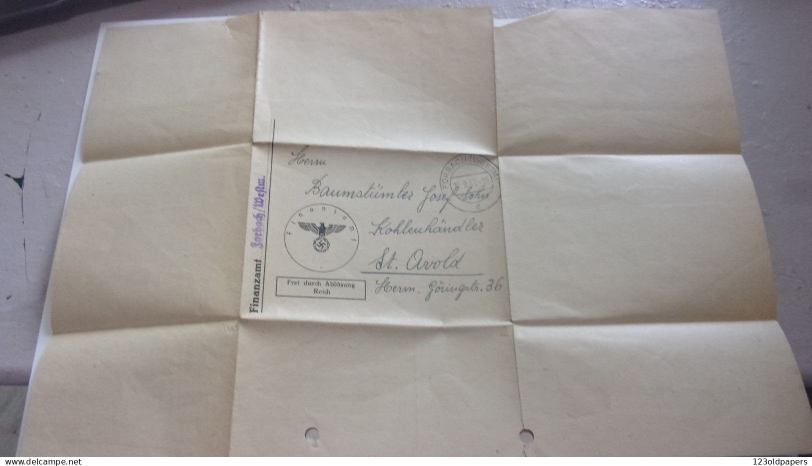 WWII CACHET Forbach Westm VERS ST AVOLD MOSELLE  TVA III EME REICH  1943 AIGLE TAMPON UMSATZSTEUER VORANMELDUNG - 1939-45