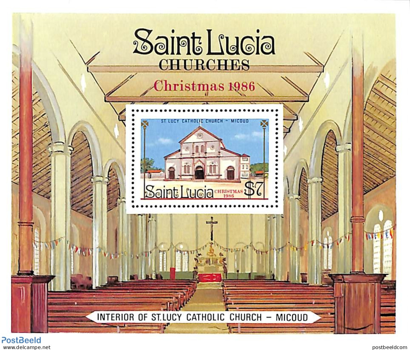 Saint Lucia 1986 Christmas S/s, Mint NH, Religion - Christmas - Churches, Temples, Mosques, Synagogues - Noël