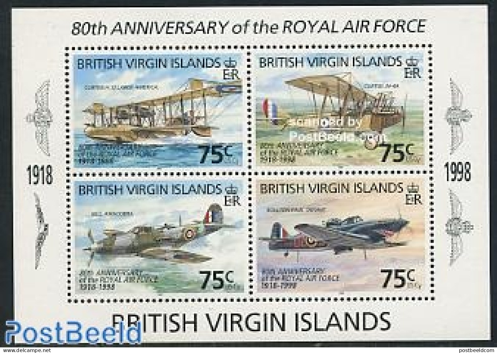 Virgin Islands 1998 80 Years RAF S/s, Mint NH, History - Transport - Militarism - Aircraft & Aviation - Militaria