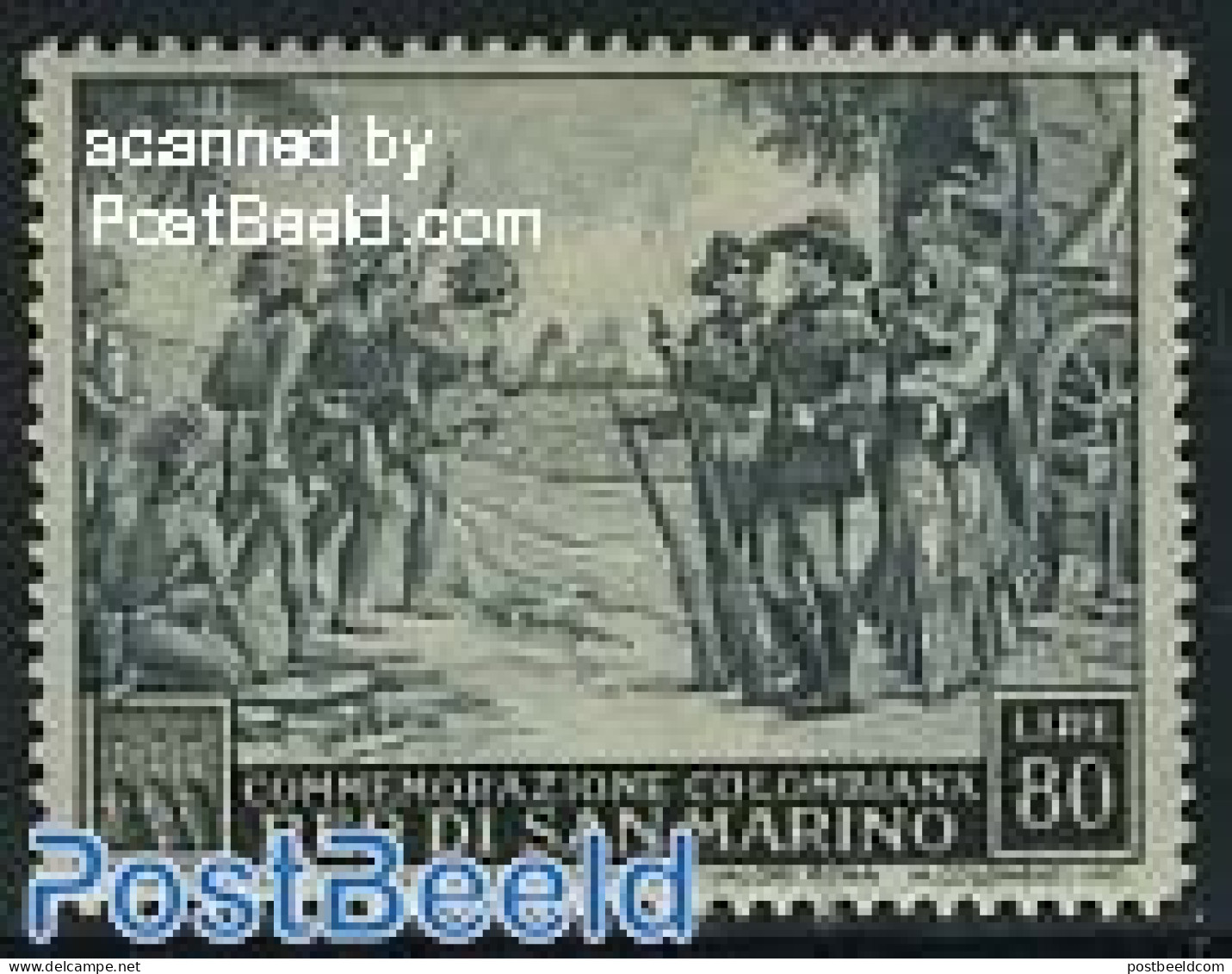 San Marino 1952 80L Columbus And Indians, Stamp Out Of Set, Mint NH, History - Transport - Explorers - Ships And Boats - Nuevos