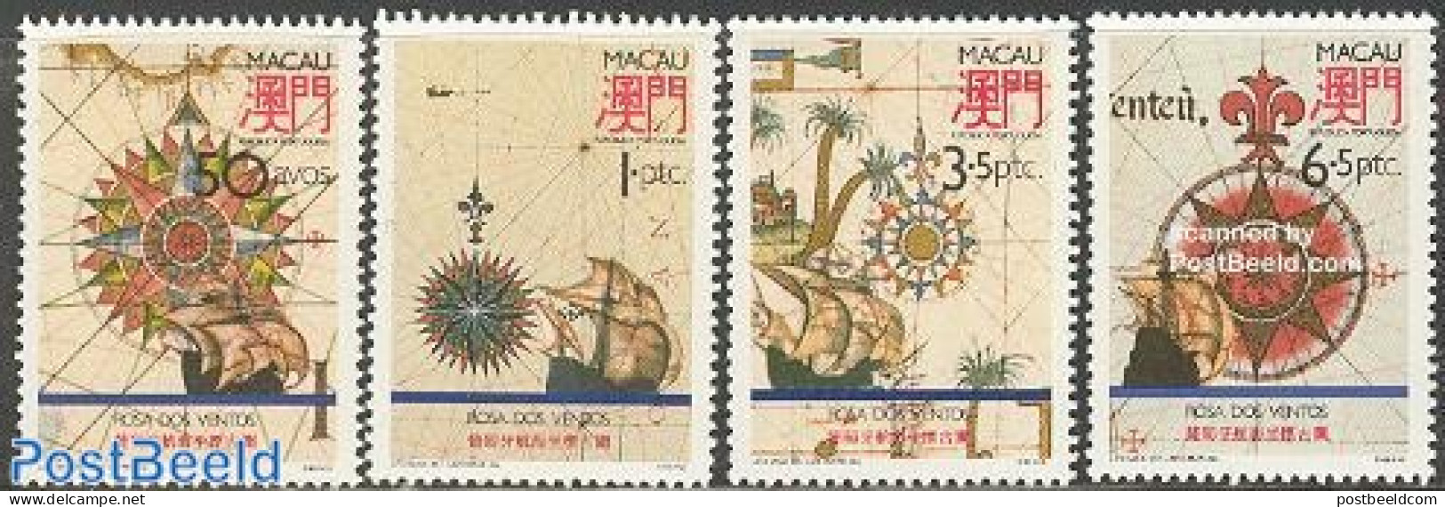 Macao 1990 Windroses On Old Maps 4v, Mint NH, Transport - Various - Ships And Boats - Maps - Ungebraucht