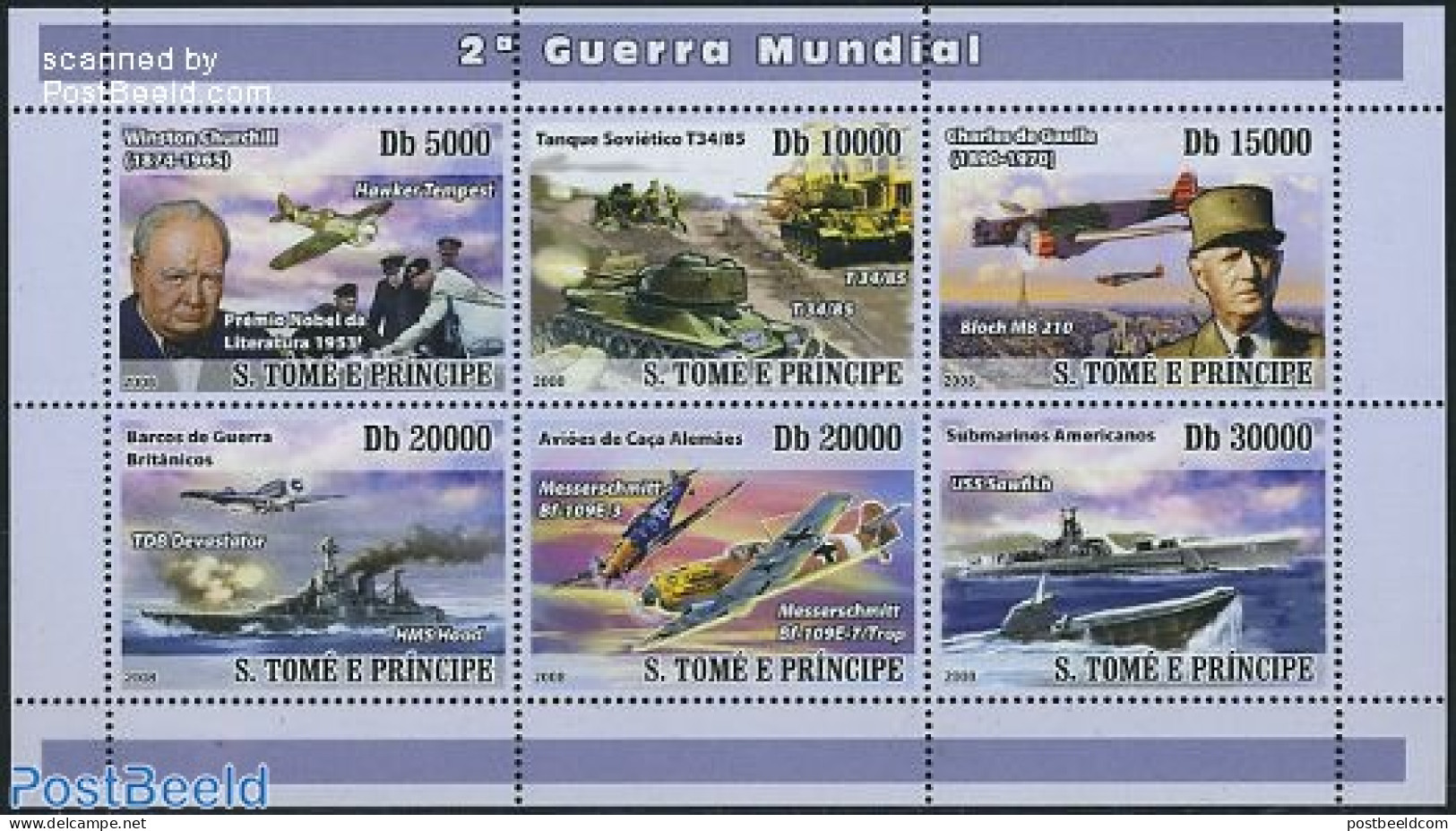 Sao Tome/Principe 2008 World War II 6v M/s, Mint NH, History - Transport - Churchill - Militarism - World War II - Air.. - Sir Winston Churchill