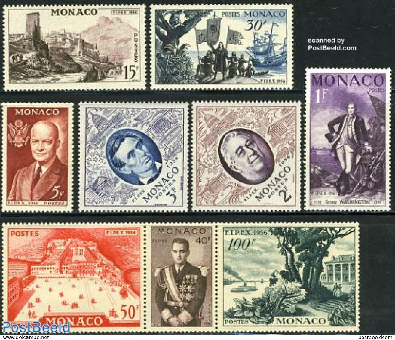 Monaco 1956 Fipex 9v (6v+[::]), Mint NH, History - Transport - American Presidents - Decorations - Philately - Ships A.. - Unused Stamps