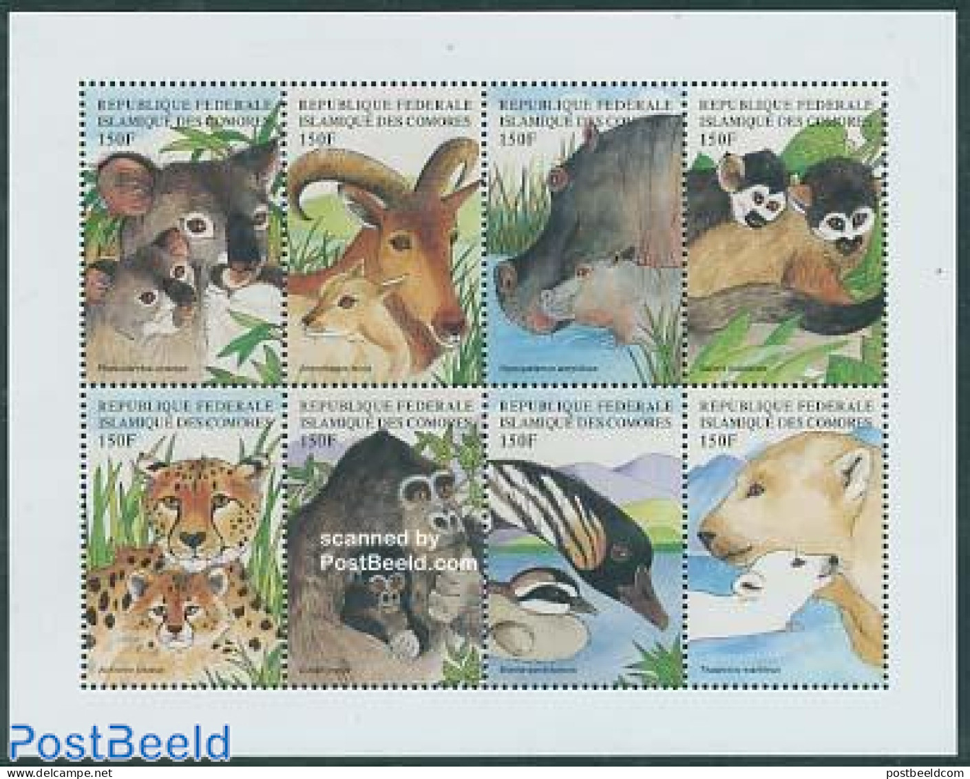 Comoros 1999 Animals 8v M/s, Koala, Mint NH, Nature - Animals (others & Mixed) - Bears - Cat Family - Ducks - Hippopot.. - Comoros