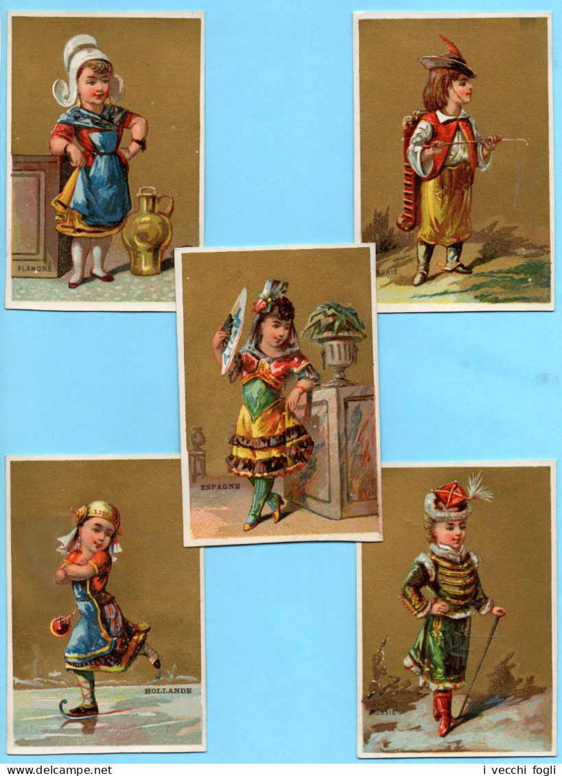 Lot De 5 Chromos Sans PUB. Enfants En Costume Nationale. Espagne Russie Flandre Hongrie Hollande. Fond Doré - Otros & Sin Clasificación