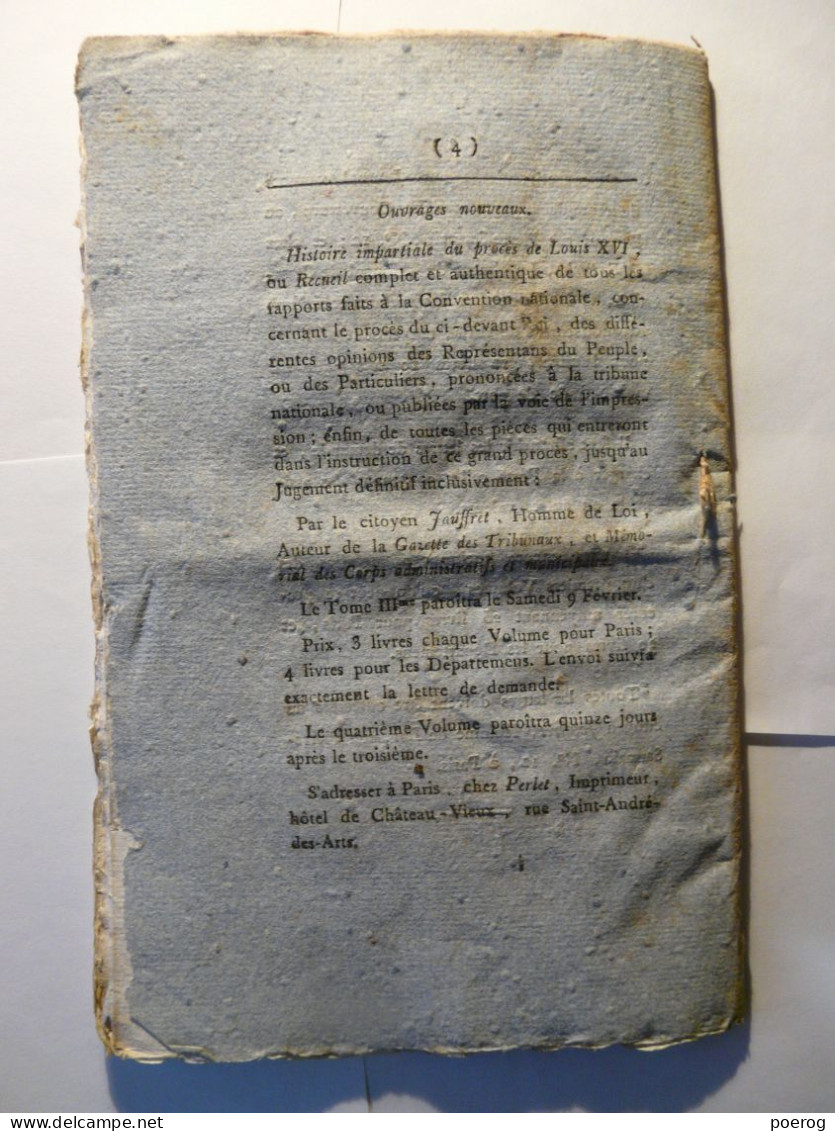 GAZETTE DES TRIBUNAUX 1793 - PROCES LOUIS CAPET TUERIE BOUCHER BASTARD DESERTION VOLONTAIRES DU LOT CAEN SUBSISTANCES - Newspapers - Before 1800