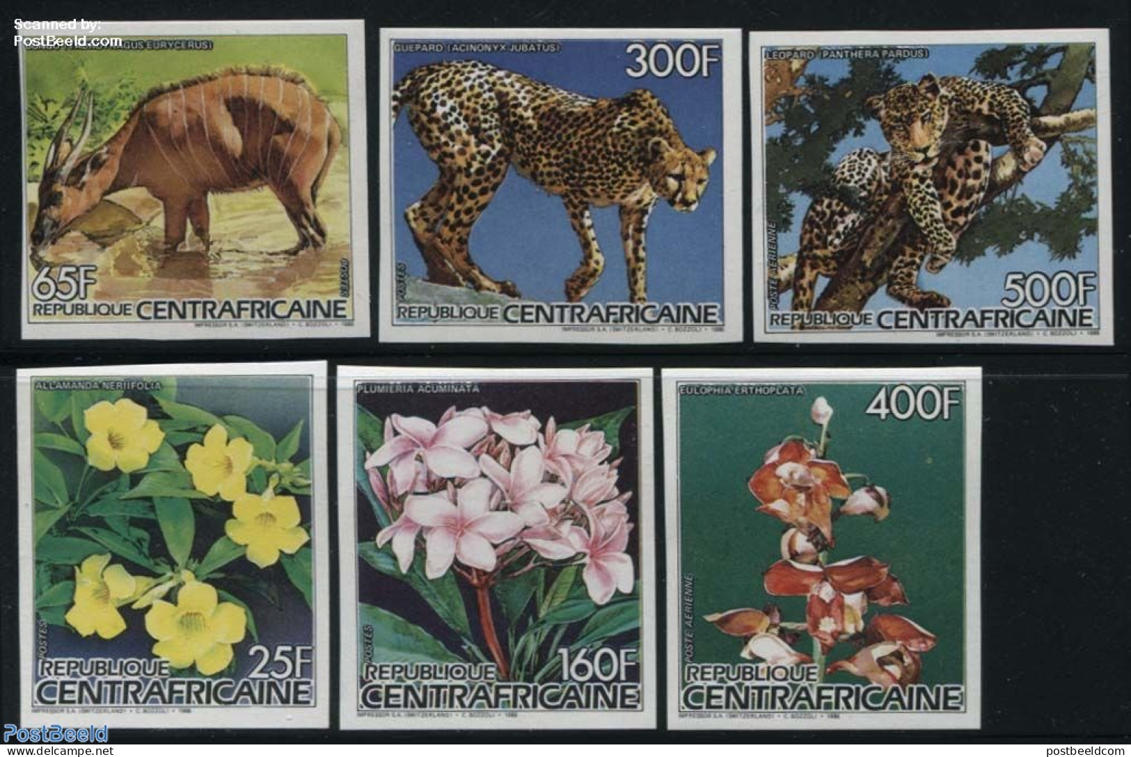 Central Africa 1986 Flowers, Animals 6v Imperforated, Mint NH, Nature - Animals (others & Mixed) - Cat Family - Flower.. - Central African Republic