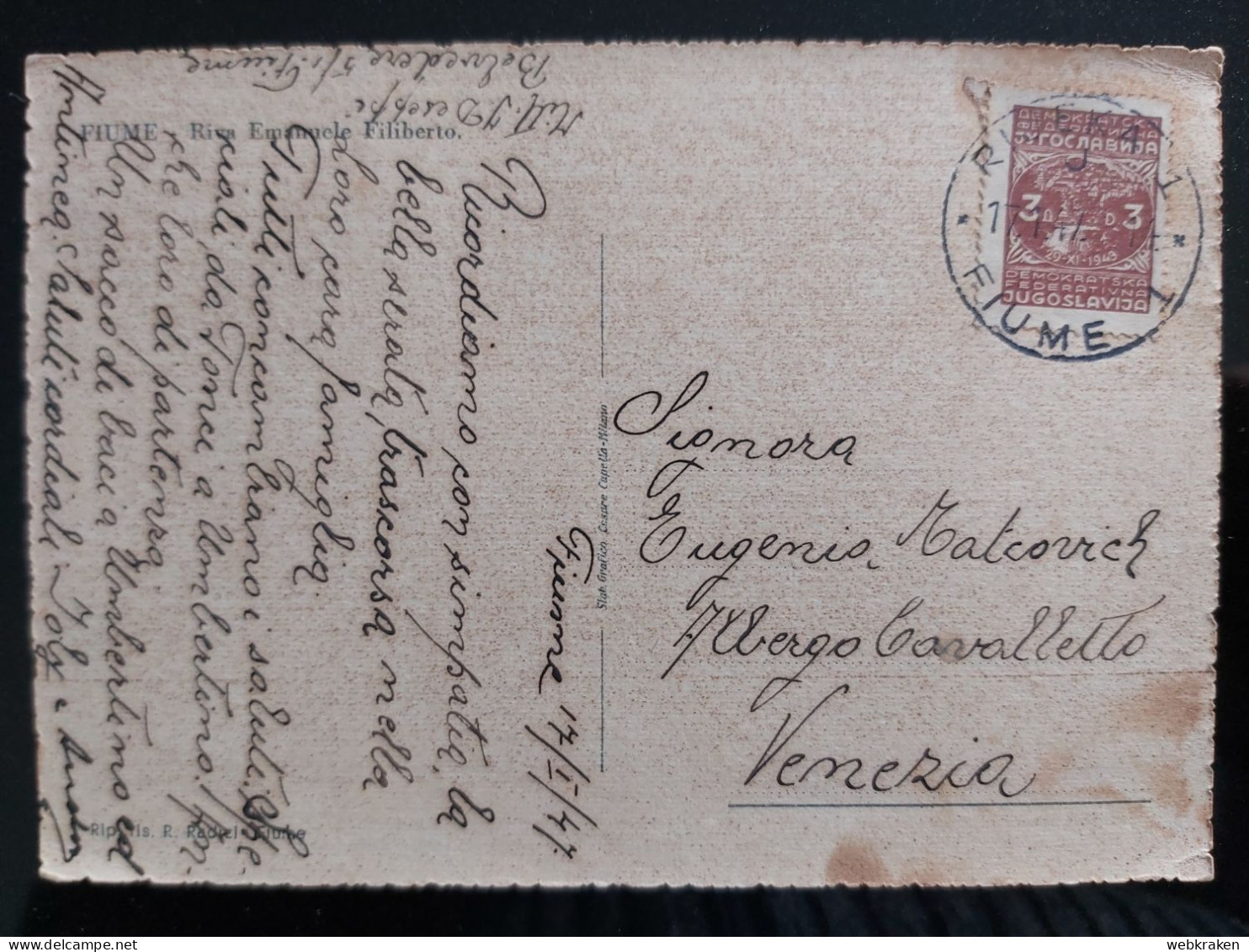 STORIA POSTAL ISTRIA CROAZIA VUJA OCCUPAZIONE FIUME RIJEKA 1947 TOLLERATO NO TAX - Poststempel