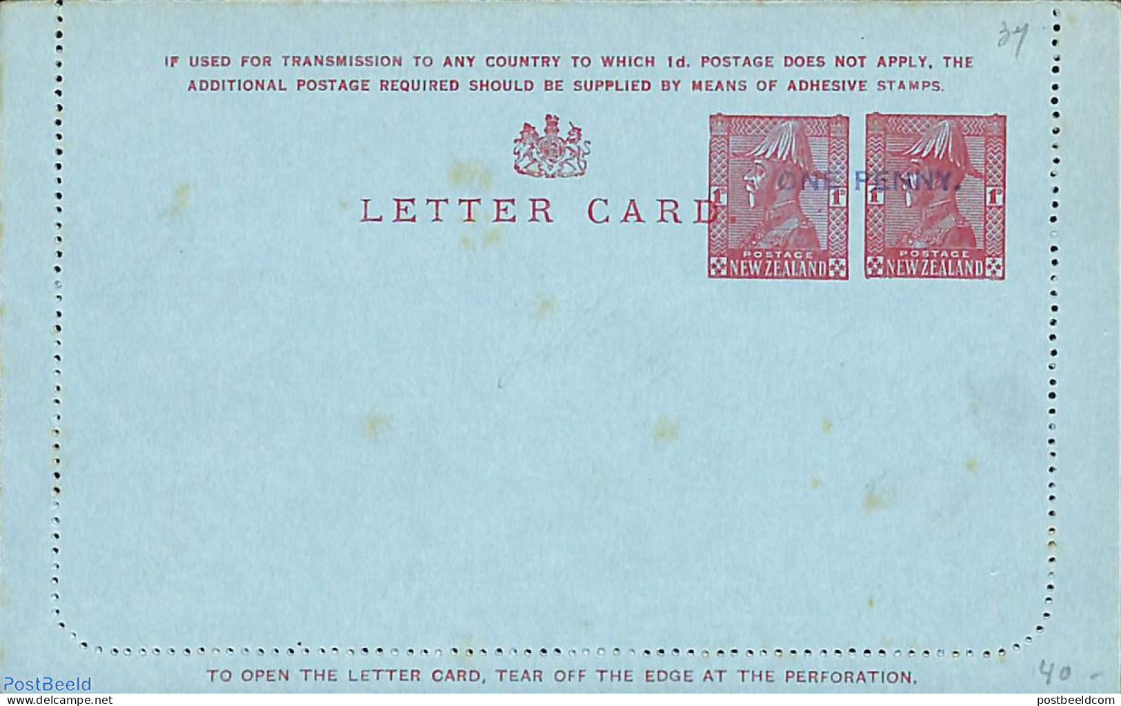 New Zealand 1932 Letter Card ONE PENNY Overprint, Unused Postal Stationary - Covers & Documents