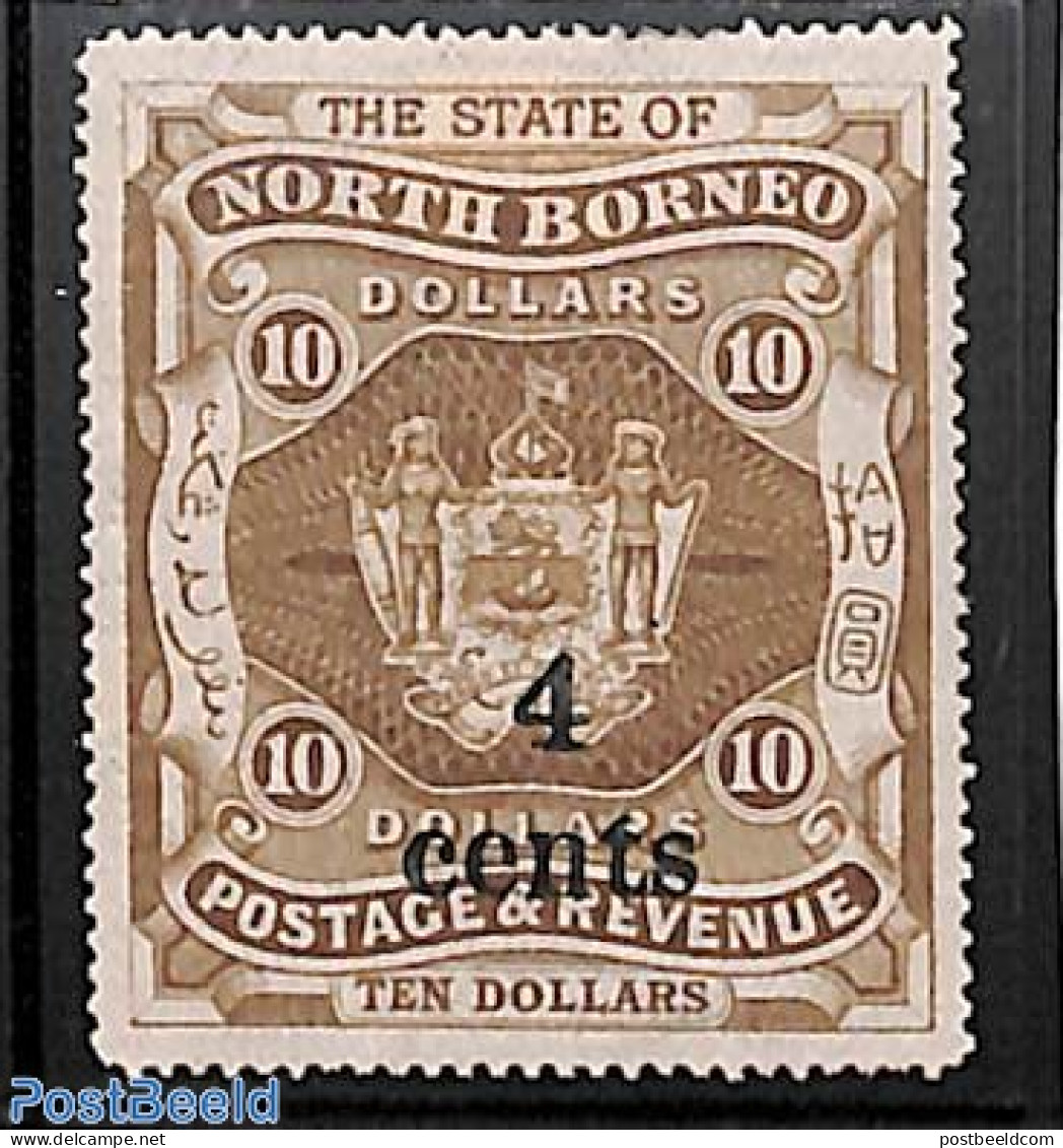 North Borneo 1904 4 Cents On 10$, Stamp Out Of Set, Unused (hinged), History - Coat Of Arms - Noord Borneo (...-1963)