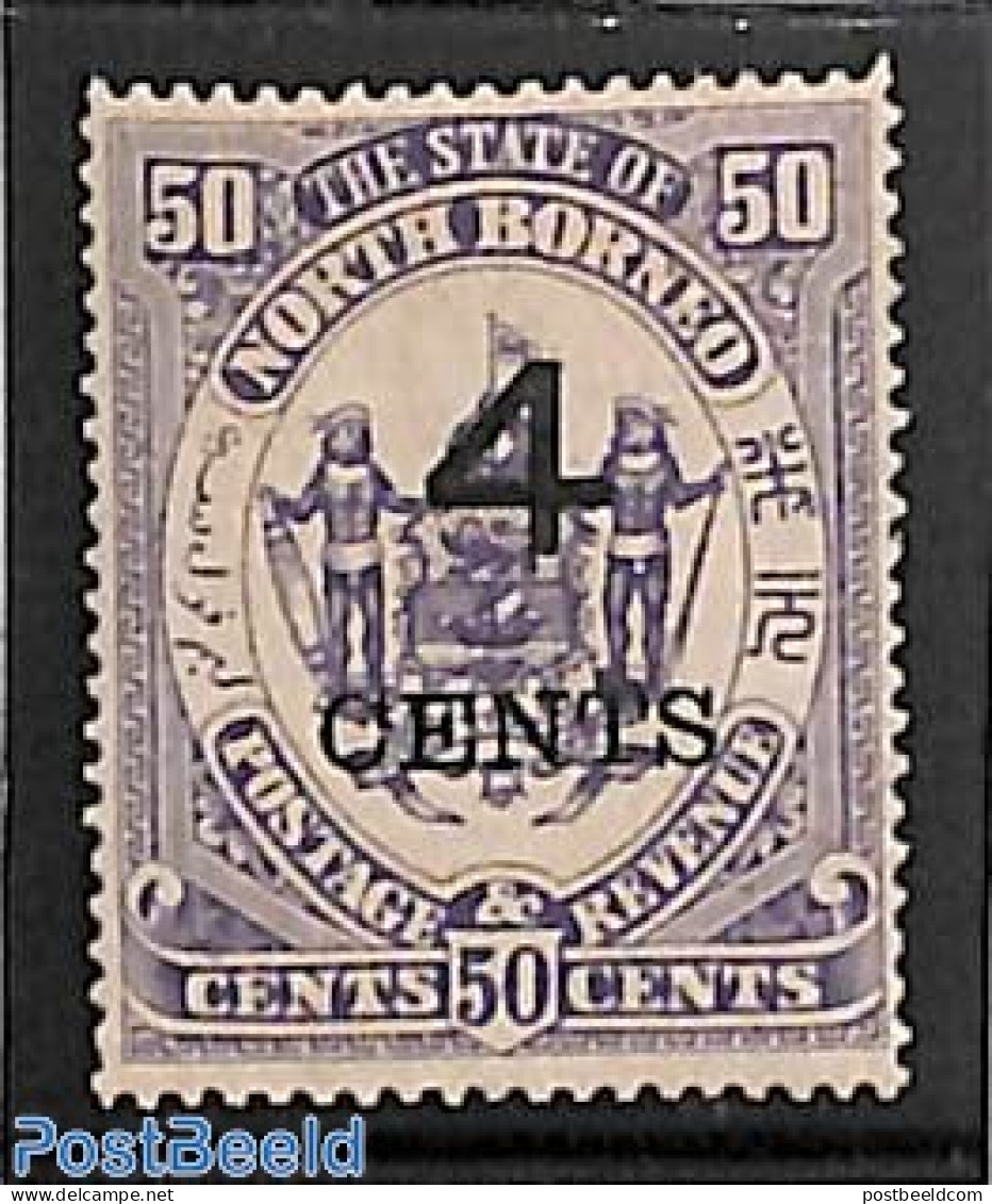 North Borneo 1899 4 Cents On 50c, Stamp Out Of Set, Unused (hinged), History - Coat Of Arms - Borneo Septentrional (...-1963)