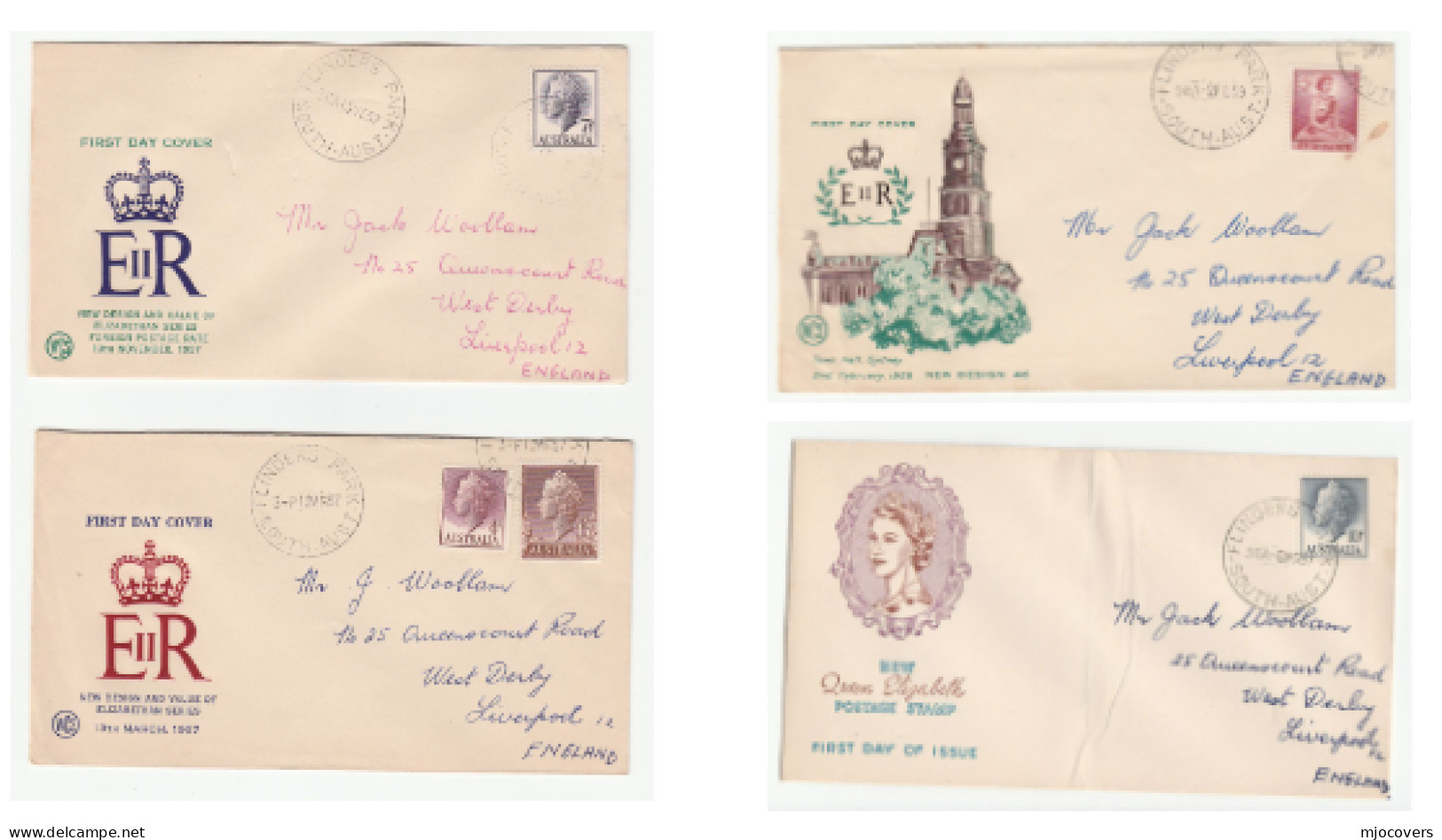 4 Diff 1957 -59 AUSTRALIA FDCs  1/7, 4d,  7 1/2d , 10d,  8d Stamps Flinders Park  To GB  Fdc Cover - Ersttagsbelege (FDC)