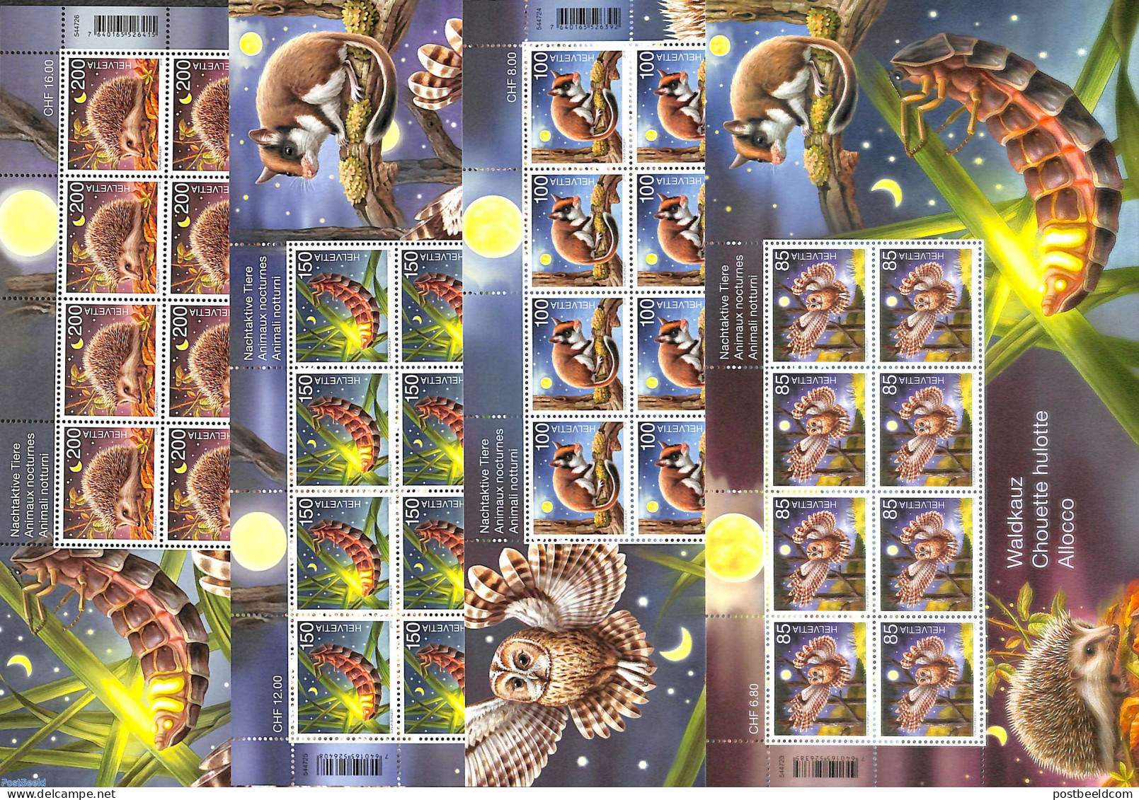 Switzerland 2016 Night Animals 4 M/s, Mint NH, Nature - Animals (others & Mixed) - Hedgehog - Owls - Unused Stamps