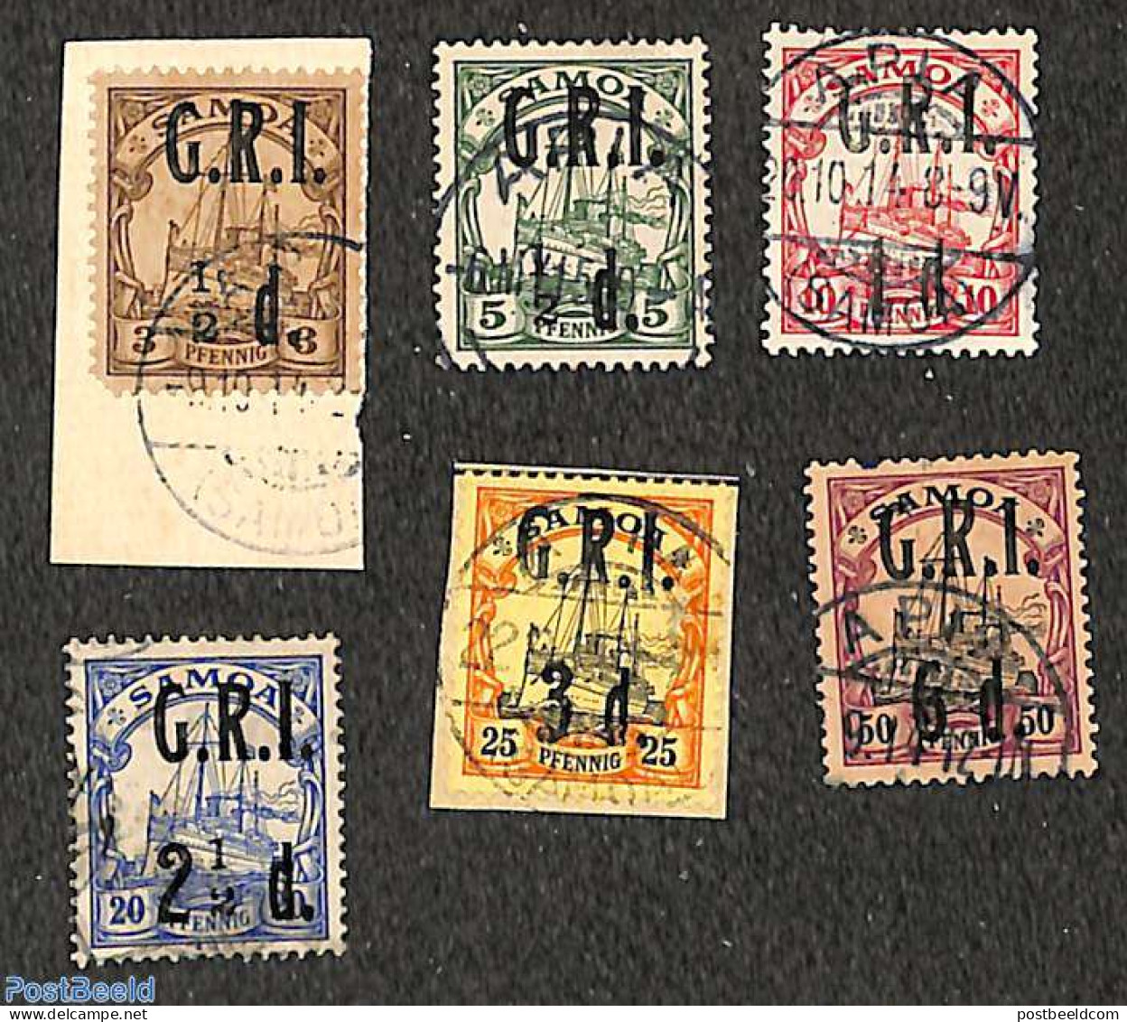 Germany, Colonies 1914 Samoa, Lot With 6 Used Stamps G.R.I. Overprints, Used Stamps - Andere & Zonder Classificatie