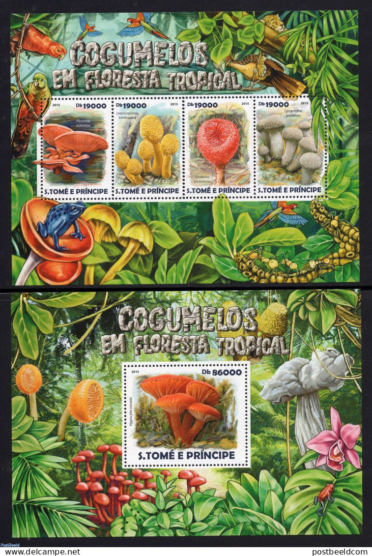 Sao Tome/Principe 2015 Mushrooms 2 S/s, Mint NH, Nature - Birds - Frogs & Toads - Mushrooms - Reptiles - Wild Animals - Pilze